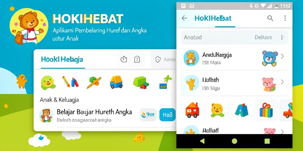 Antarmuka HOKIHEBAT menampilkan aktivitas belajar huruf dan angka yang interaktif.