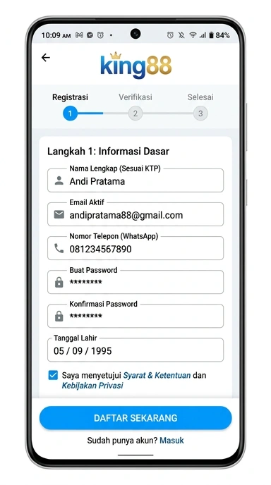 Tampilan halaman daftar king88